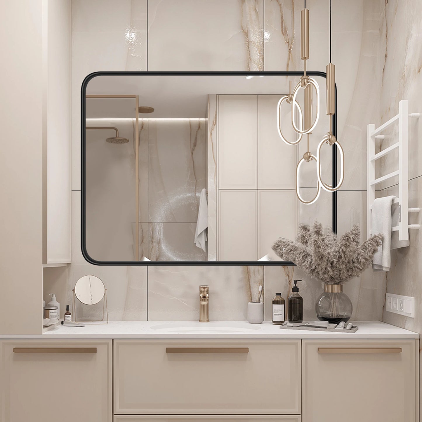 JHK Matte Metal Framed Bathroom Mirror Rectangle Rounded Corner Tempered Glass