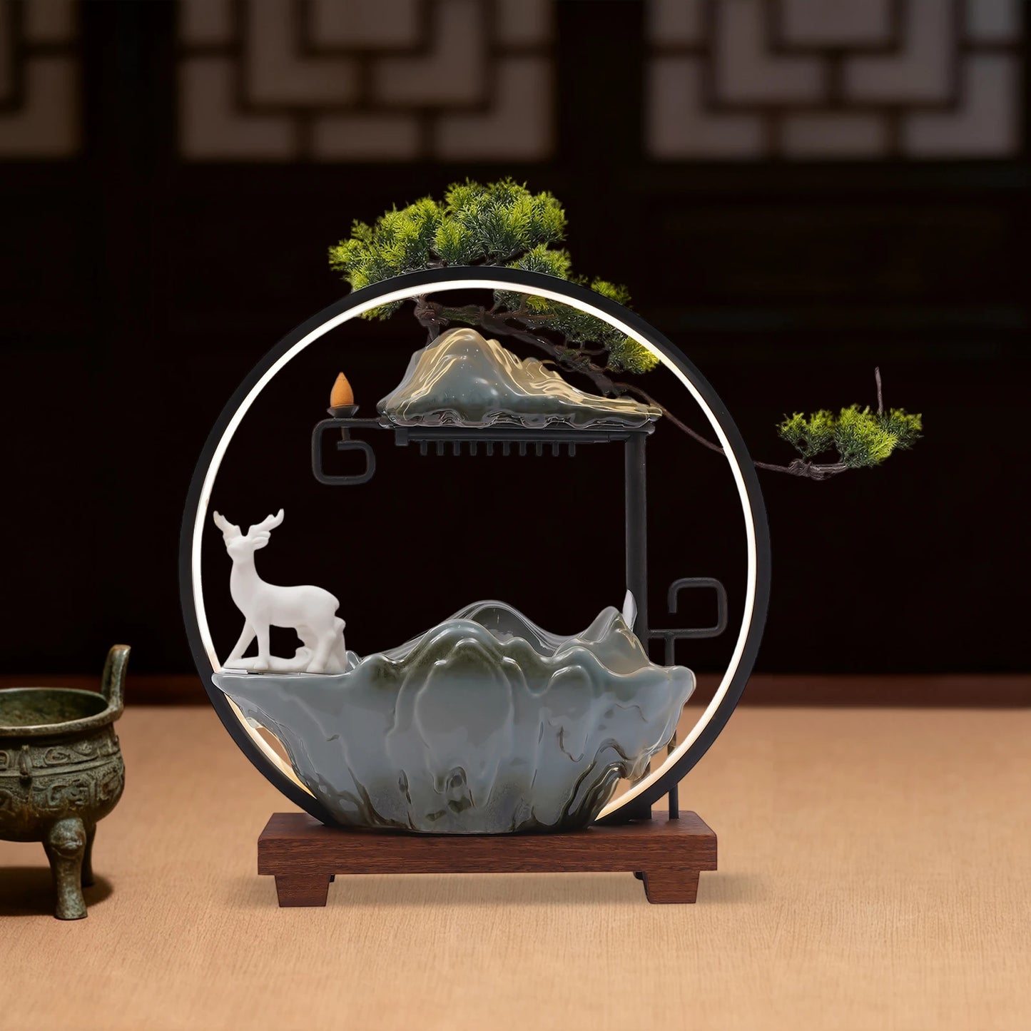 110V Ceramic Tabletop Fountain With LED Deer Figurine And Pine