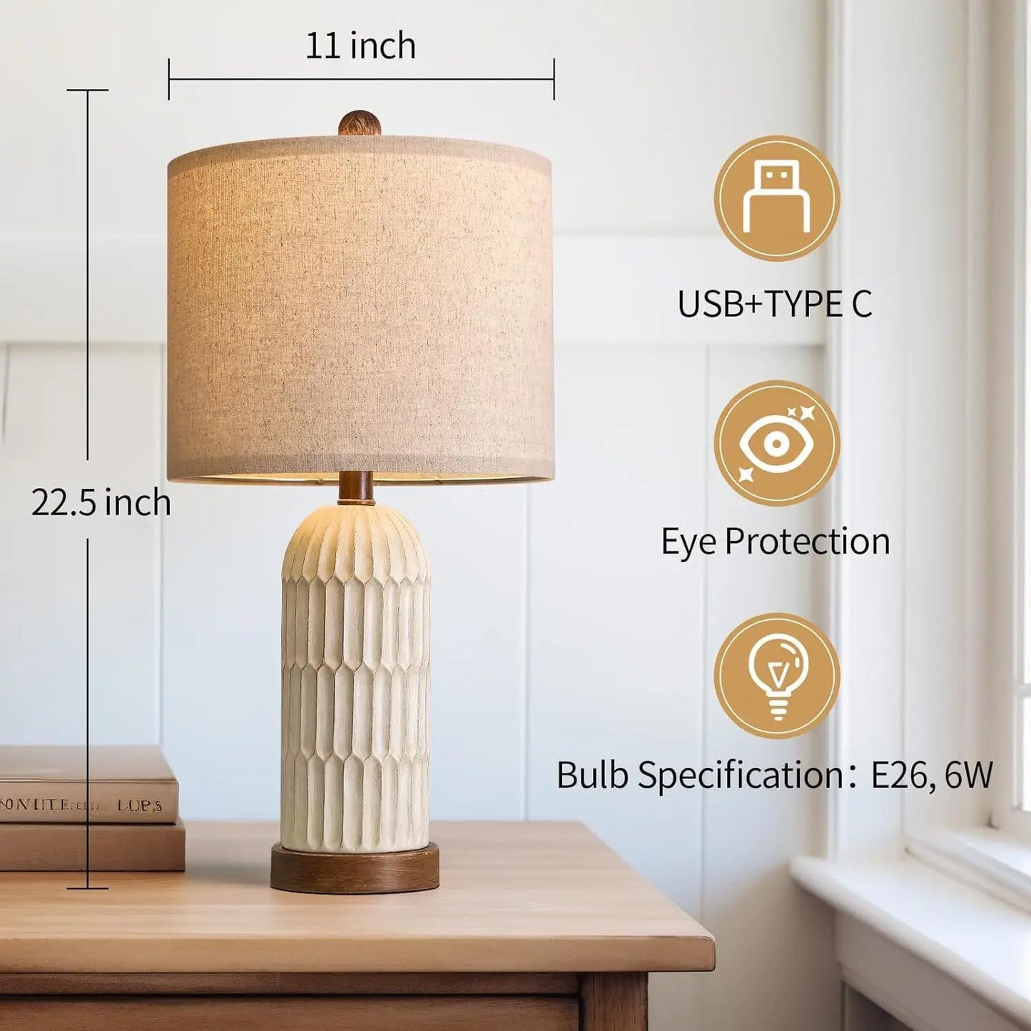 Vintage Farmhouse Table Lamps With USB A And C Ports