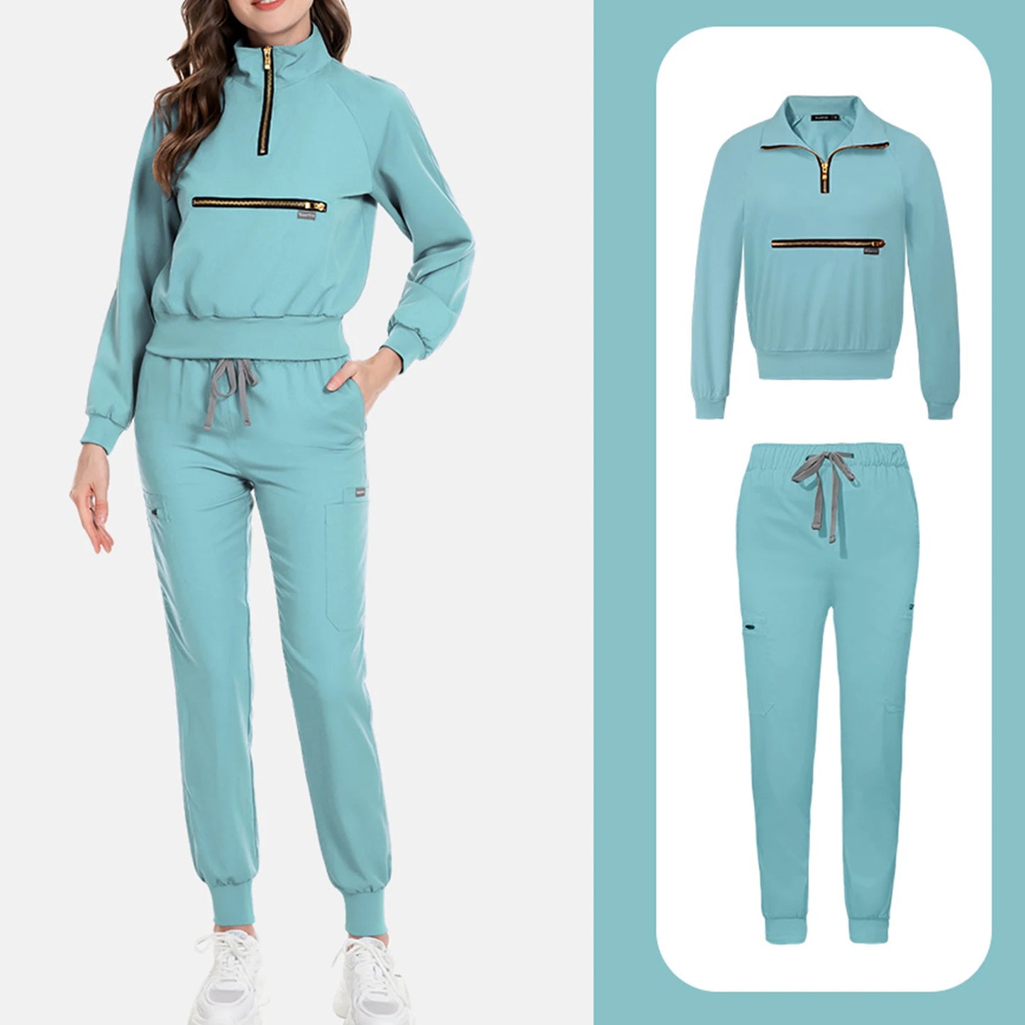Women Nurse Scrub Set Stand Collar Zip Long Sleeve Uniform