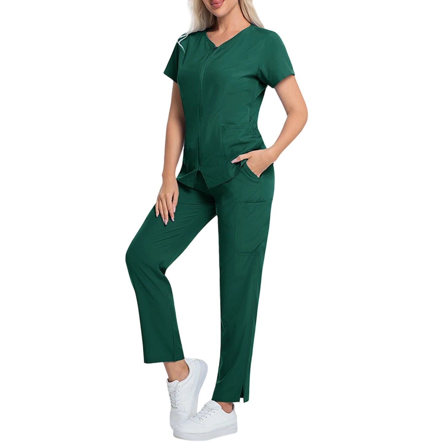 Women's Nurse Scrub Set V-Neck Short Sleeve Zipper Medical Uniform