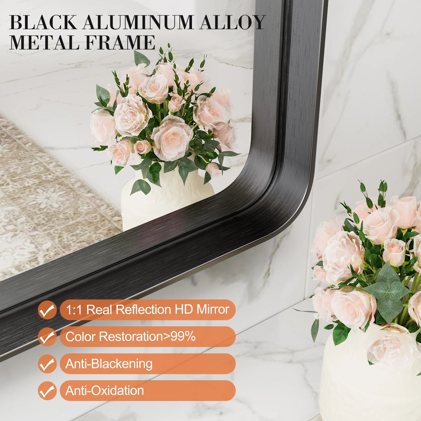 JHK Matte Metal Framed Bathroom Mirror Rectangle Rounded Corner Tempered Glass
