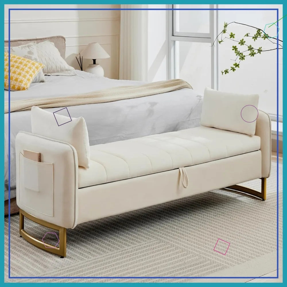 Velvet Storage Bench With Arms And Pockets For Living Room