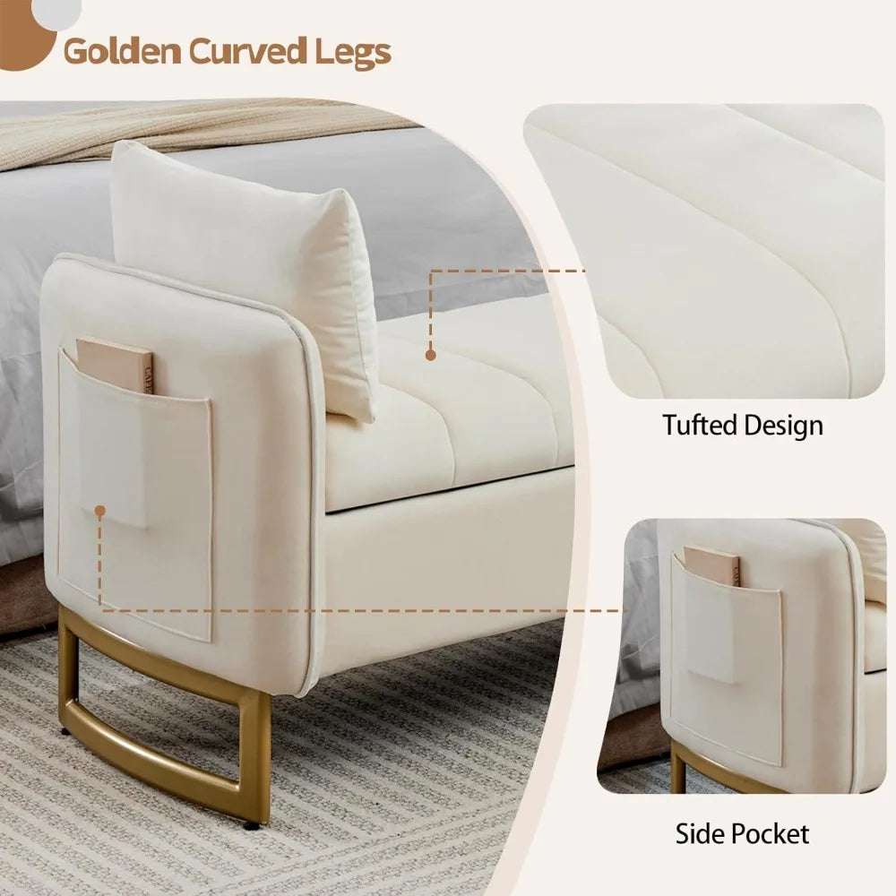 Velvet Storage Bench With Arms And Pockets For Living Room