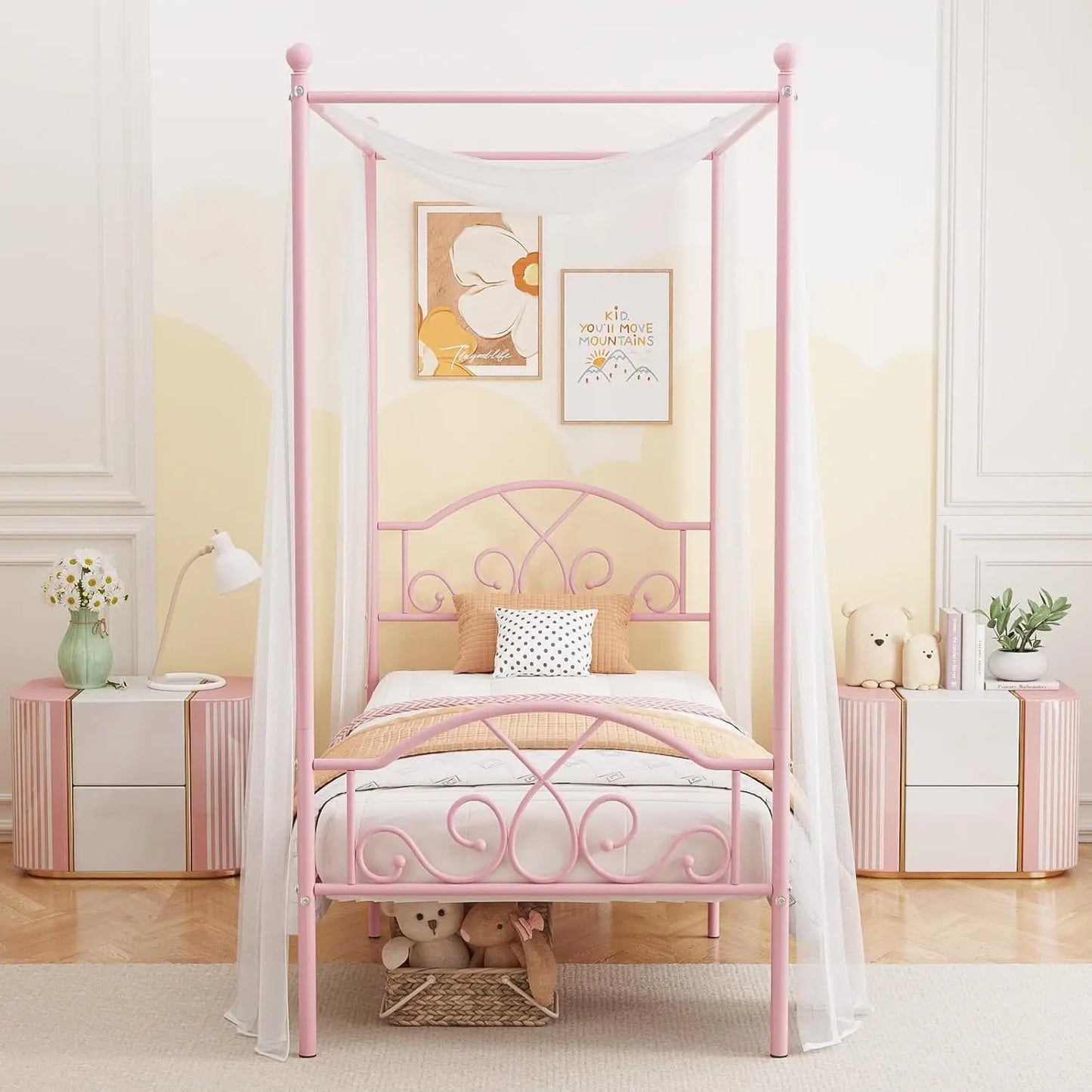 Princess Canopy Bed Frame With Four Metal Posts For Kids