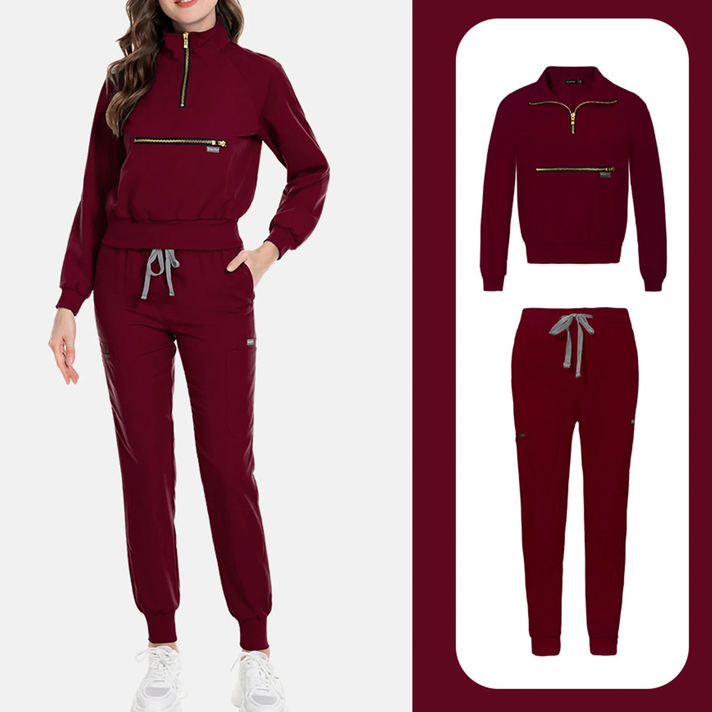 Women Nurse Scrub Set Stand Collar Zip Long Sleeve Uniform