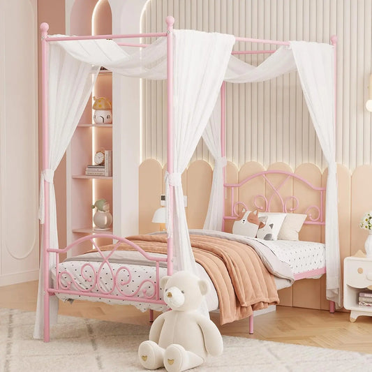 Princess Canopy Bed Frame With Four Metal Posts For Kids