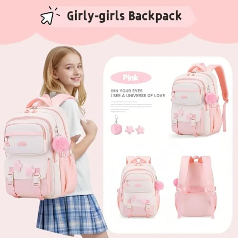 Girls School Backpack Tote With Star Pins And Furry Pendant