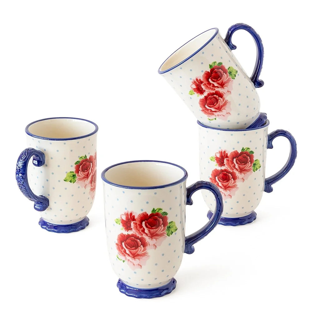 Heritage Floral 4-Piece Mug Set Stoneware Kitchen Essentials