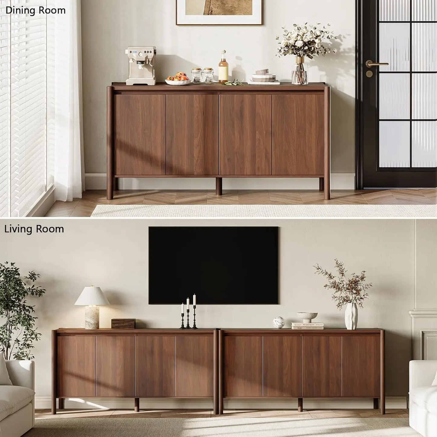 HUANZHUANG Walnut Buffet Cabinet With 4 Doors And Shelves