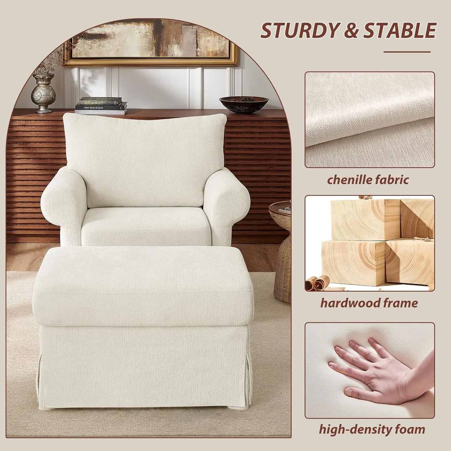 Modern Chenille Reading Armchair With Ottoman Set For Relaxation