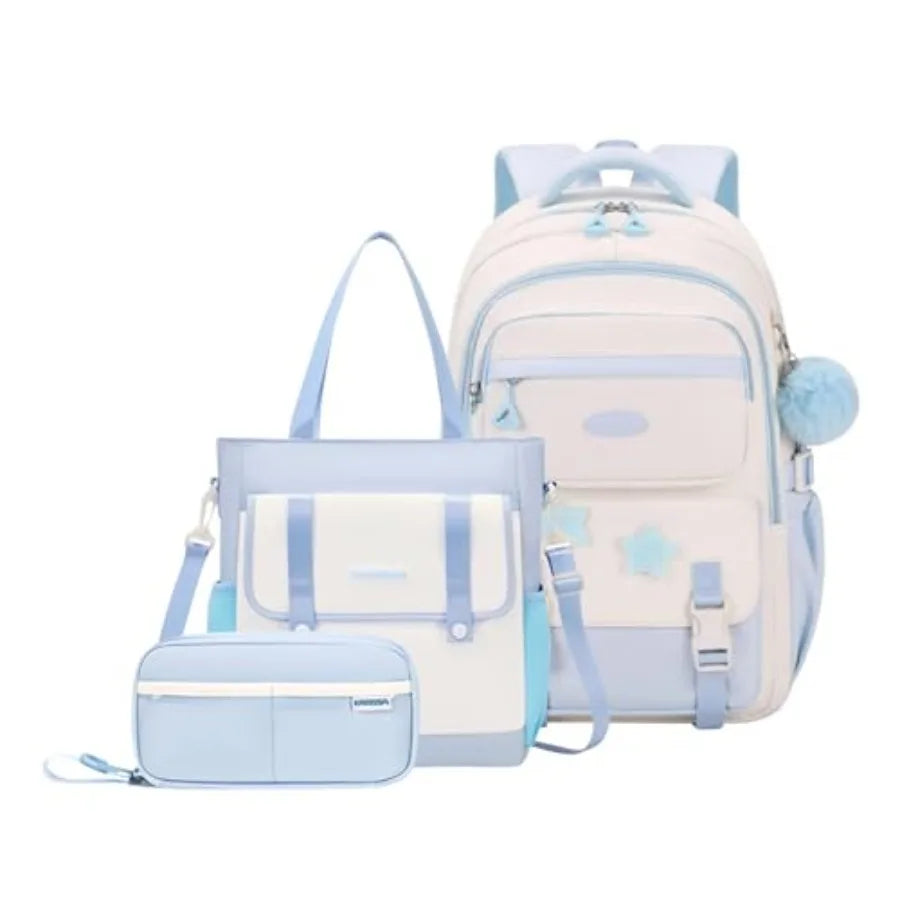 Girls School Backpack Tote With Star Pins And Furry Pendant