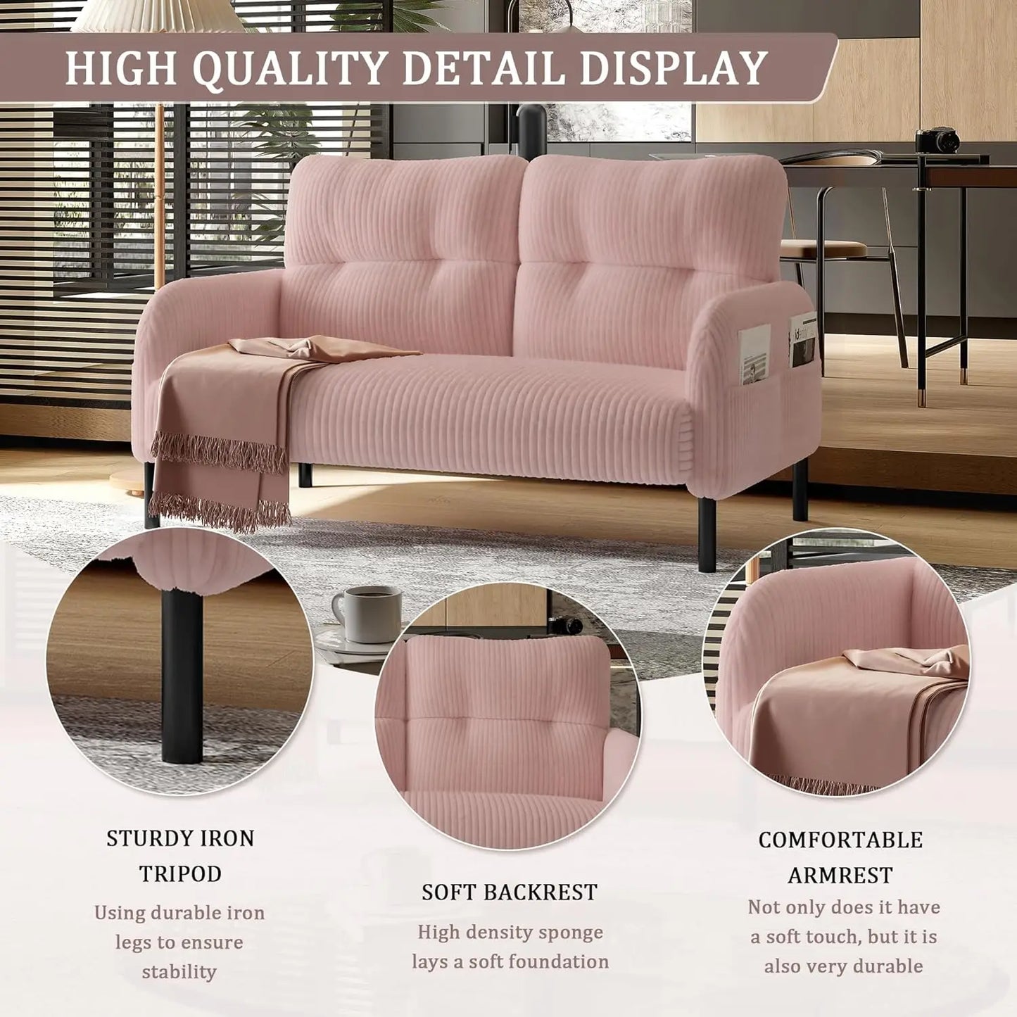 Corduroy Upholstered Loveseat Sofa, Sturdy 2-Seater Couch with Thick Cushions, Space-Saving Double Sofa for Living, Customized