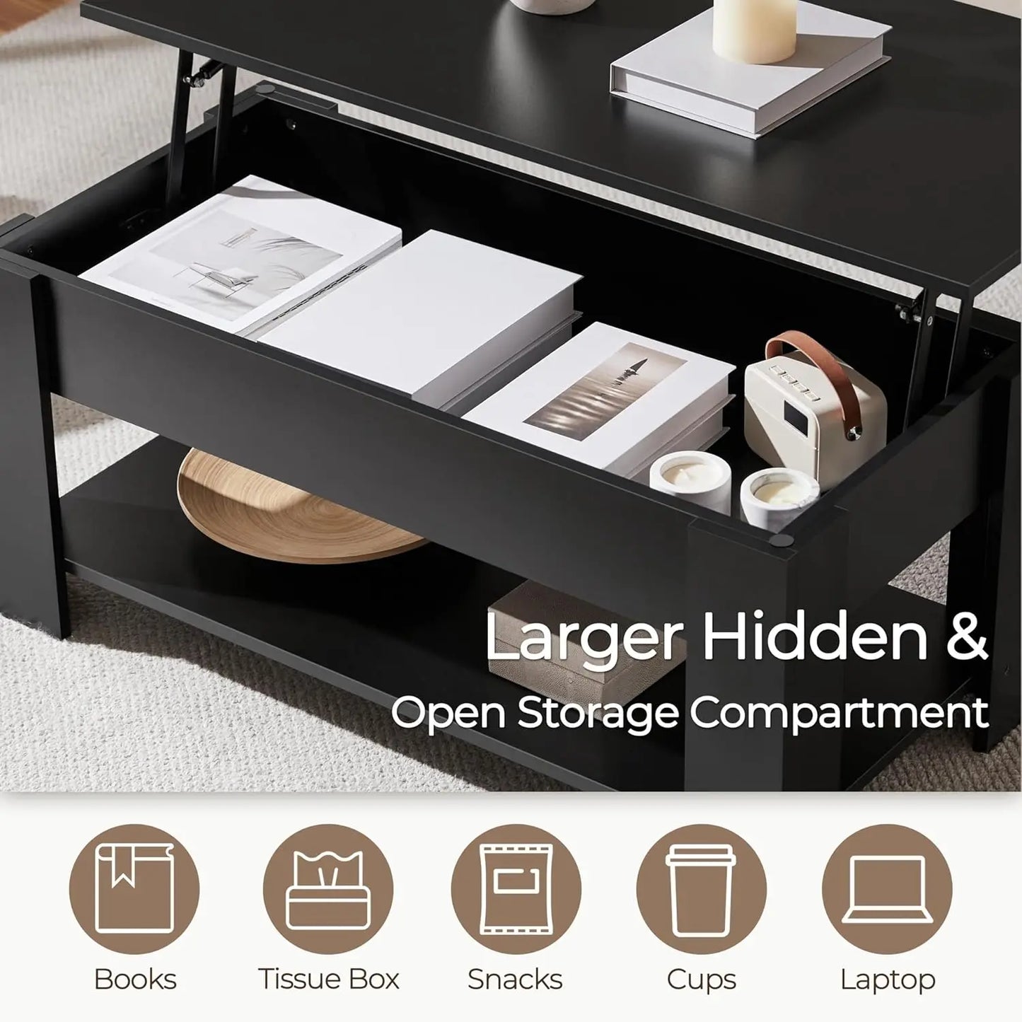 Wooden Coffee Table, Lift Top Coffee Table with Large Hidden Storage Shelf, Lift Tabletop Dining Tables for Living, Customized