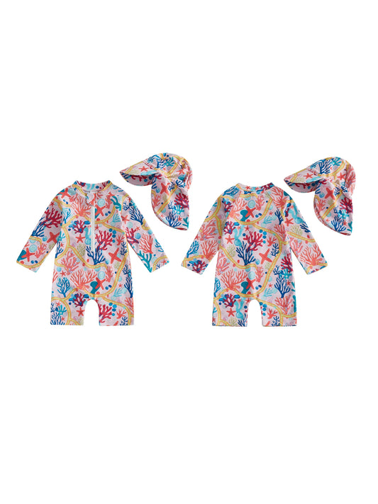 Rash Guard Swimsuit Set With Sun Hat For Baby Girls