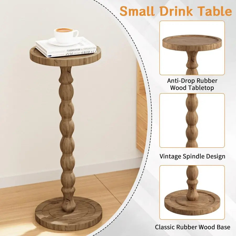 Side Table, Rubberwood Drink Table for Small Spaces, Solid Wood Pedestal Coffee Tables, Round End Tables for Living Room, Sofa C
