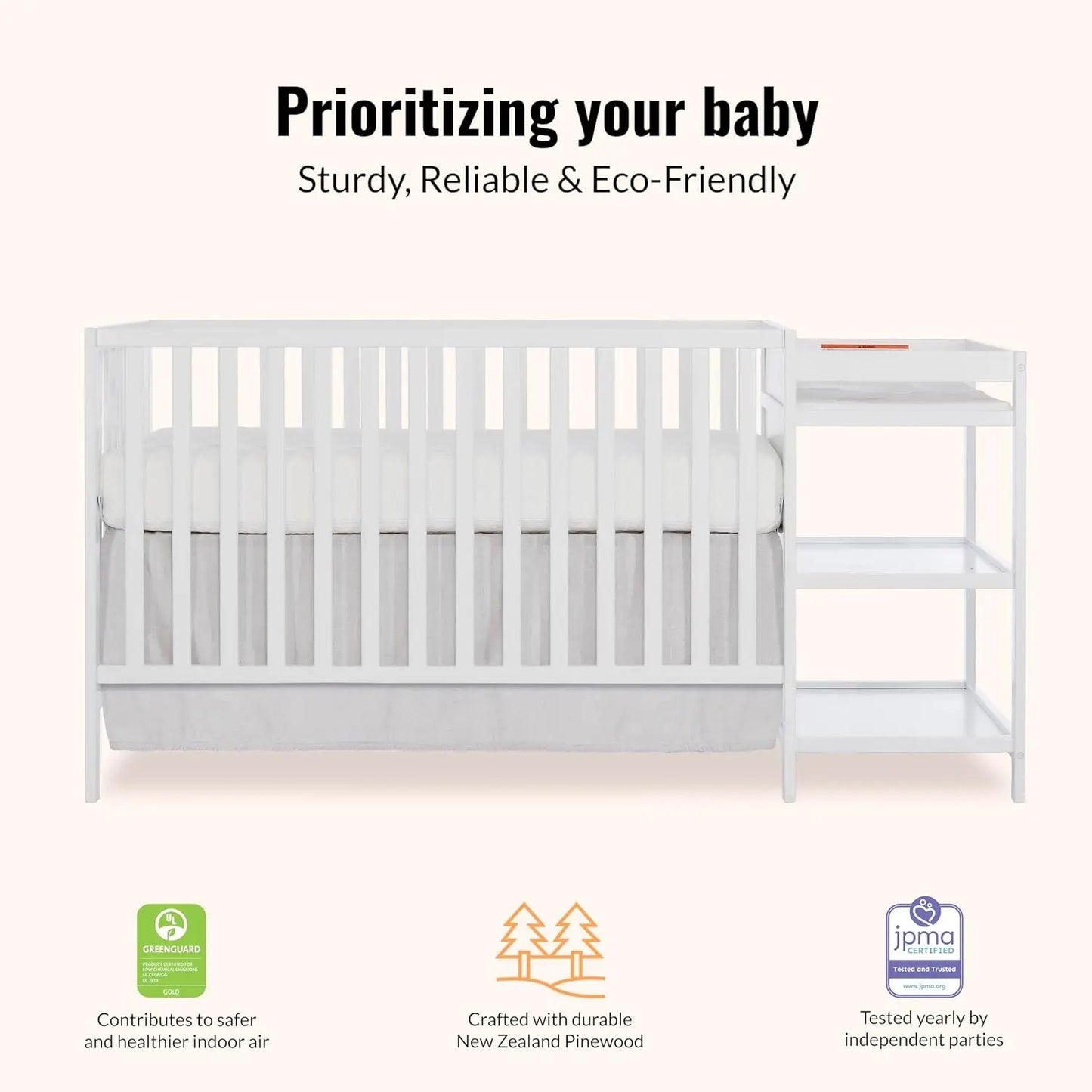 3-in-1 Convertible Baby Crib with Changing Table, White Pinewood, Adjustable Heights & Safety Certified