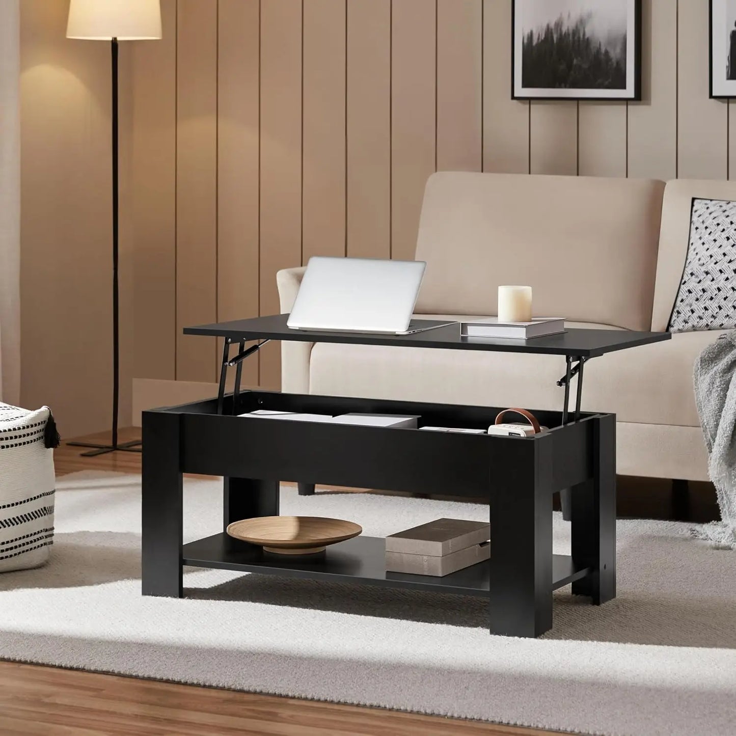 Wooden Coffee Table, Lift Top Coffee Table with Large Hidden Storage Shelf, Lift Tabletop Dining Tables for Living, Customized