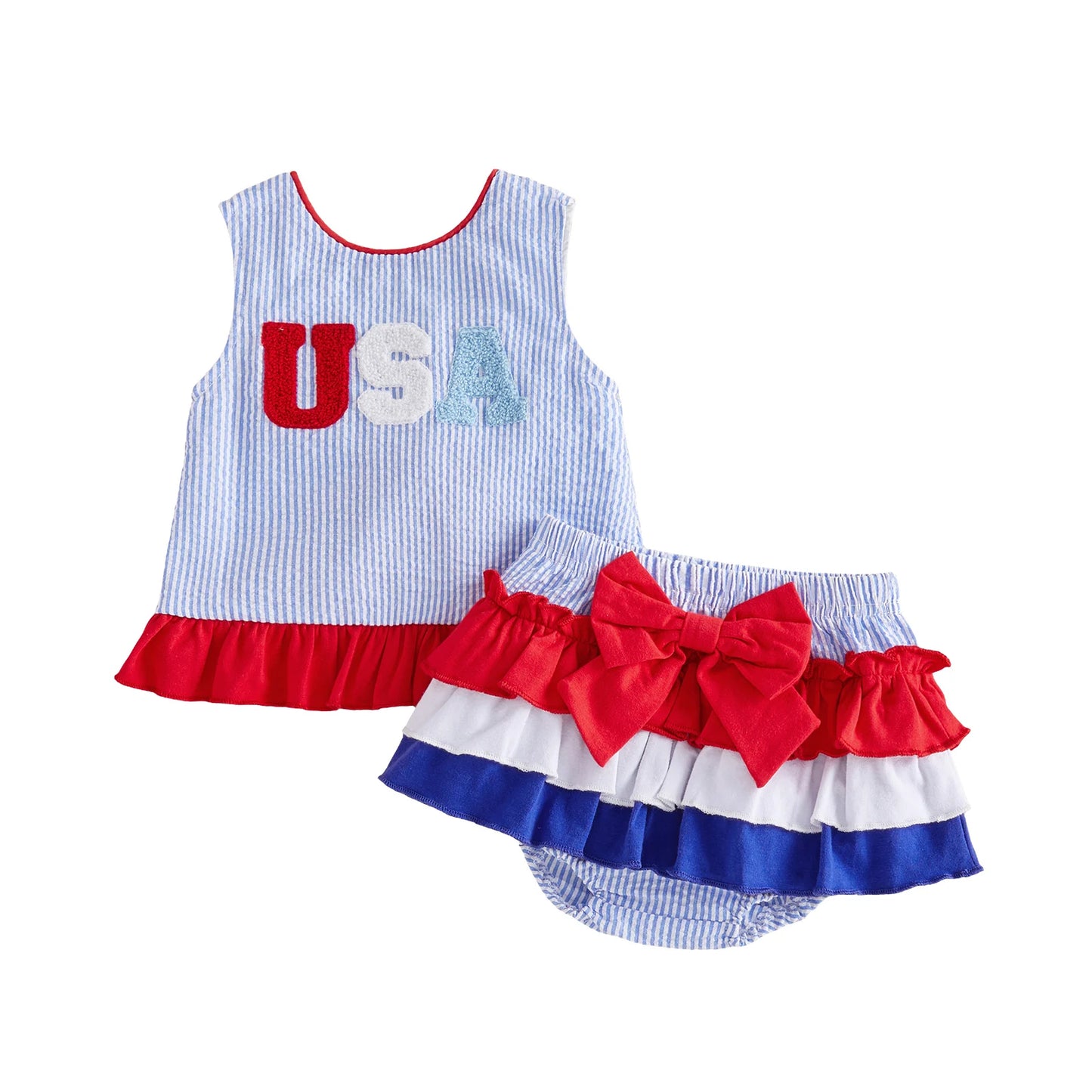 Independence Day Toddler Outfit Set With Stripe Top And Ruffle Skirt Shorts