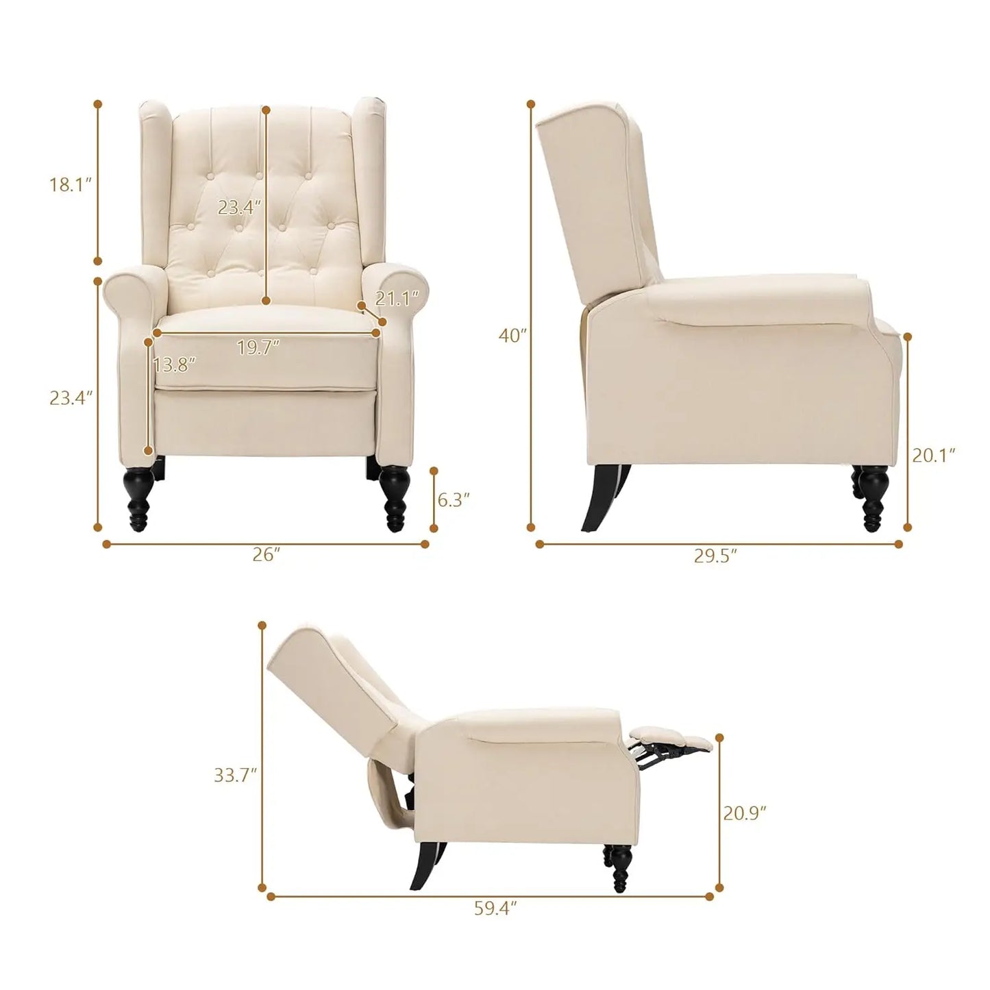 Mid Century Wingback Linen Recliner Chair With Button Tufted Upholstery