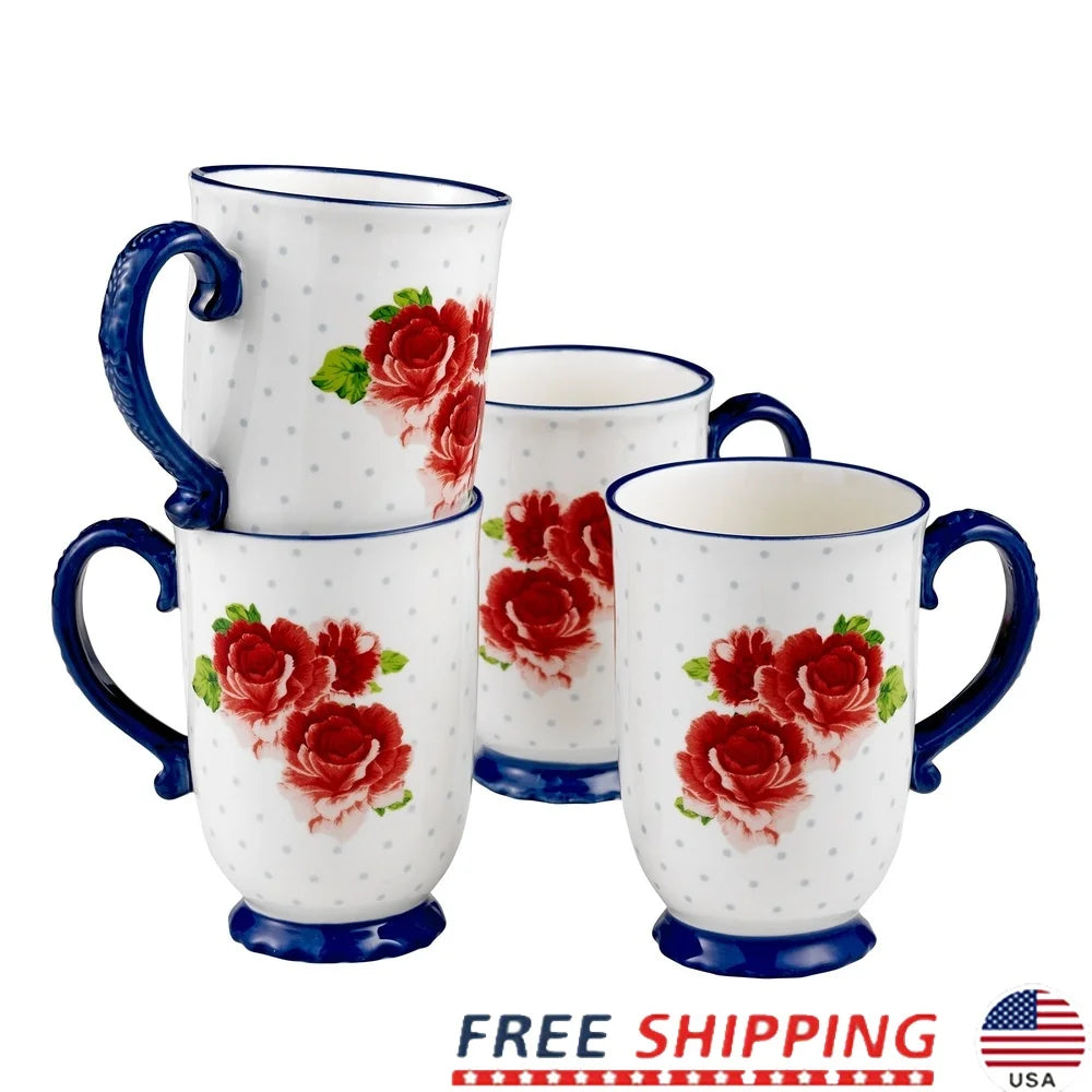 Heritage Floral 4-Piece Mug Set Stoneware Kitchen Essentials