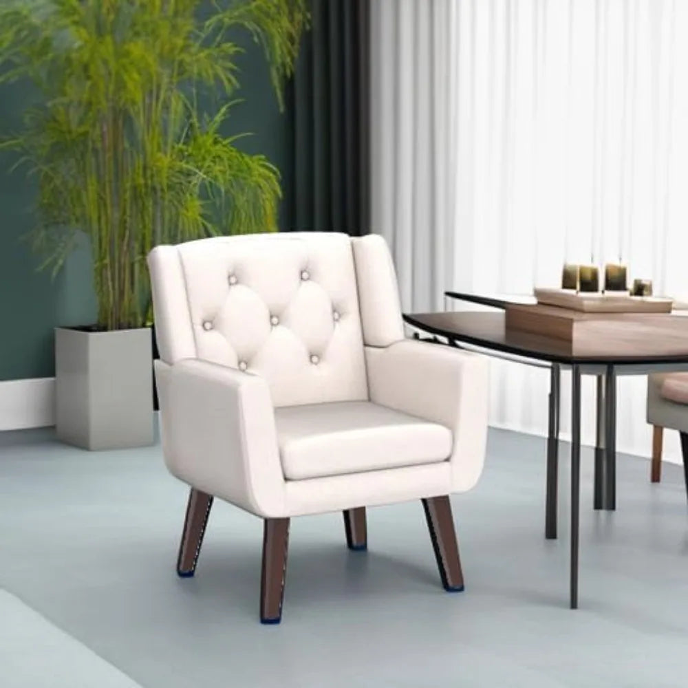Button-Tufted Upholstered Living Room Chair With Linen Fabric Mid Century