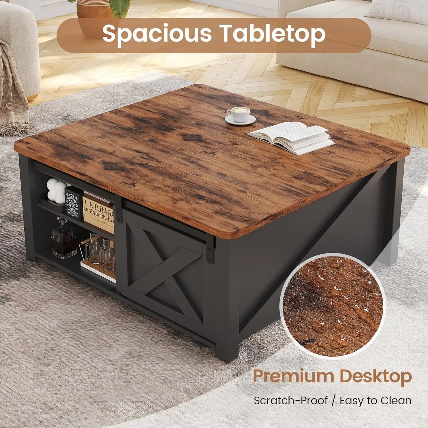31.5" Lift Top Coffee Table with Storage, Square Coffee Tables for Living Room, Farmhouse Coffee Table with Large, Customized