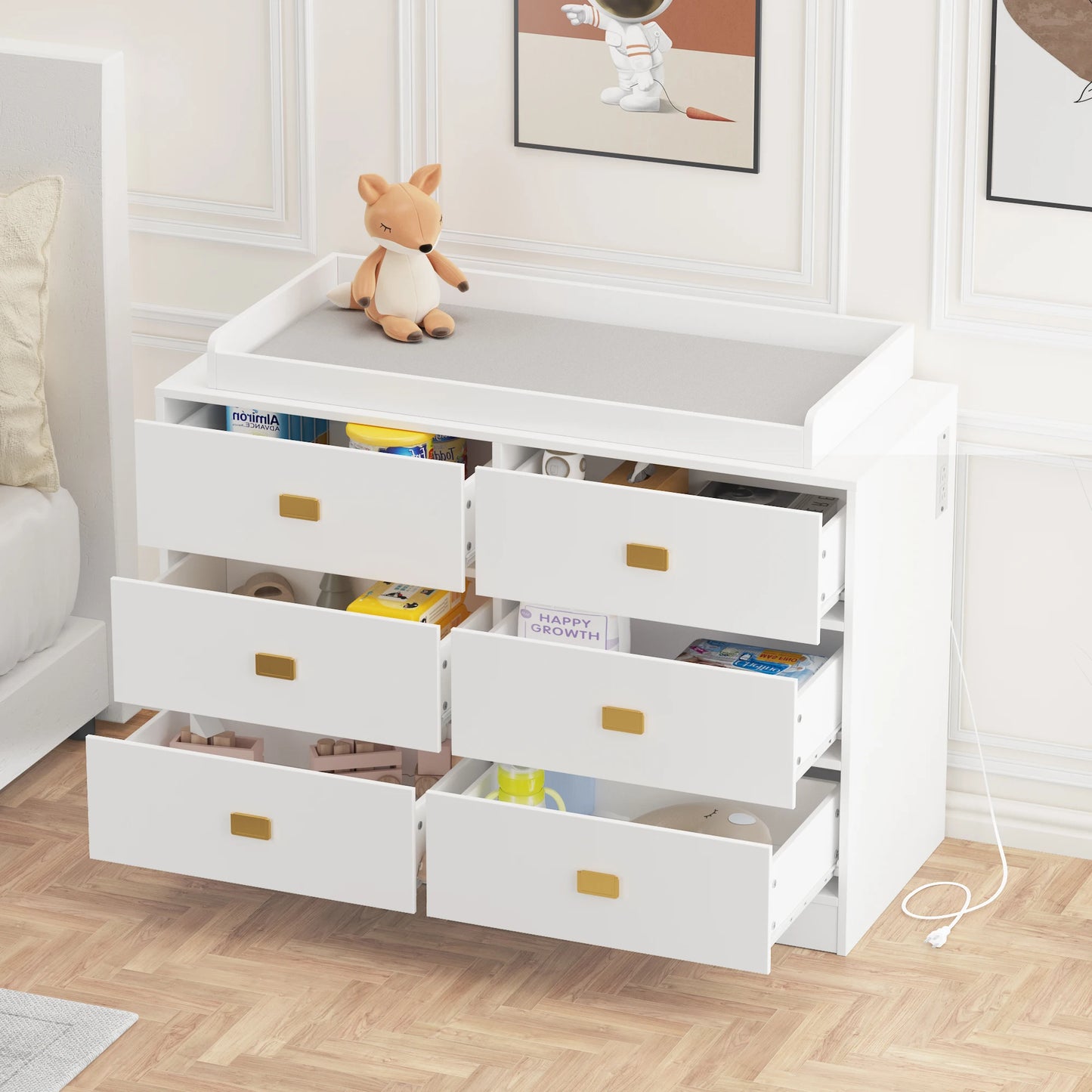 Dresser for Bedroom with 6 Drawers, Changing Table Dresser with Changing Table Top, Nursery Dresser Diaper Changing Station