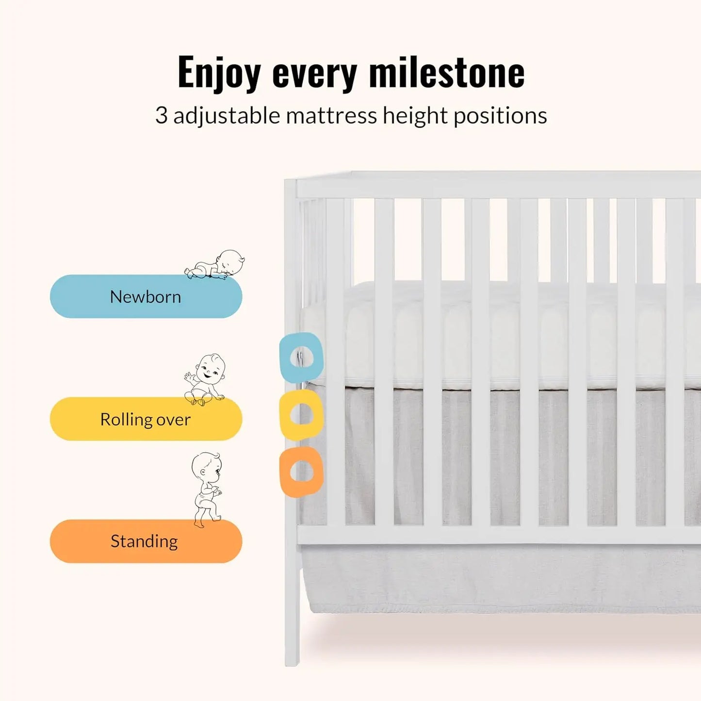 3-in-1 Convertible Baby Crib with Changing Table, White Pinewood, Adjustable Heights & Safety Certified