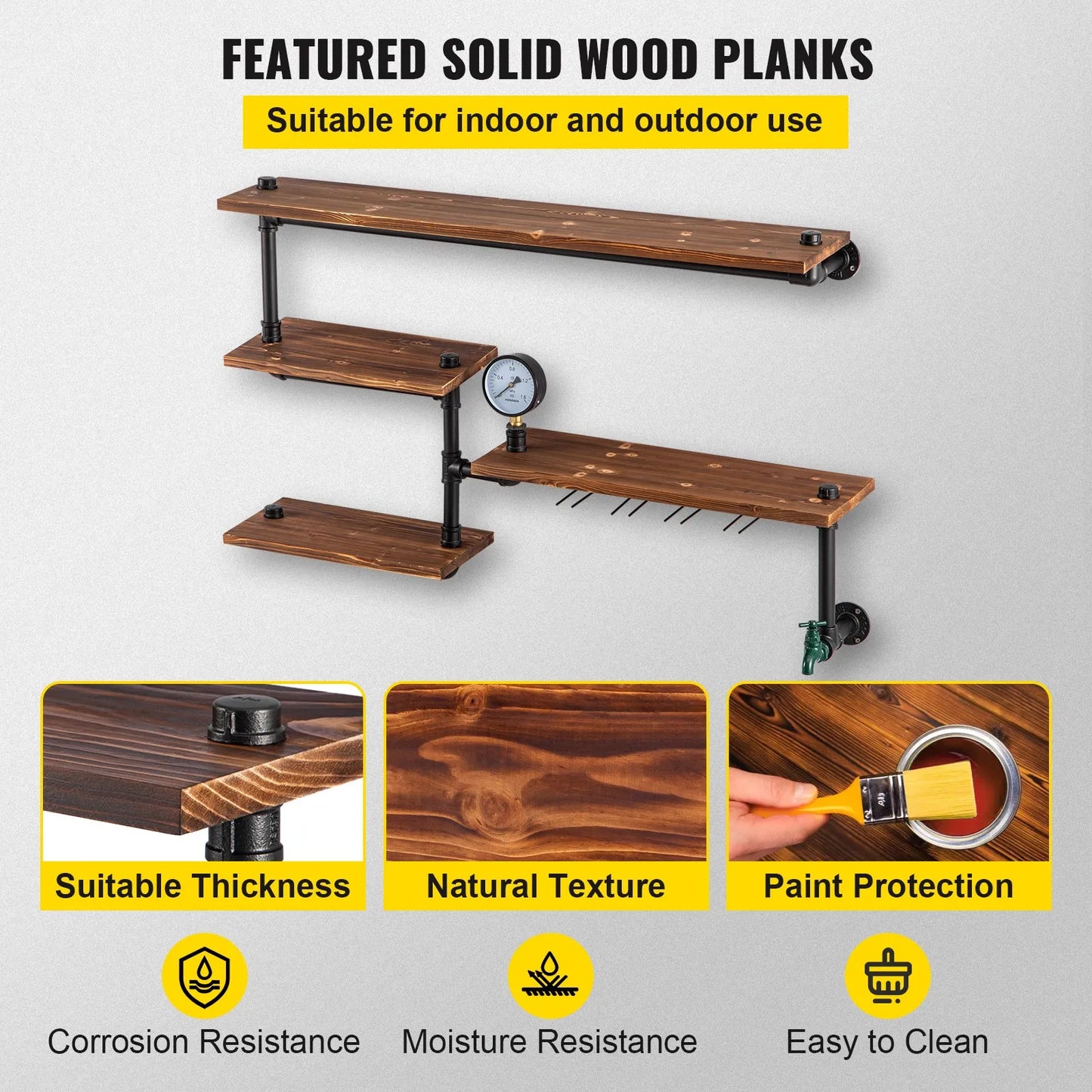 Industrial Pipe Shelves Wall Mount 4-Tier Rack with Wood Planks