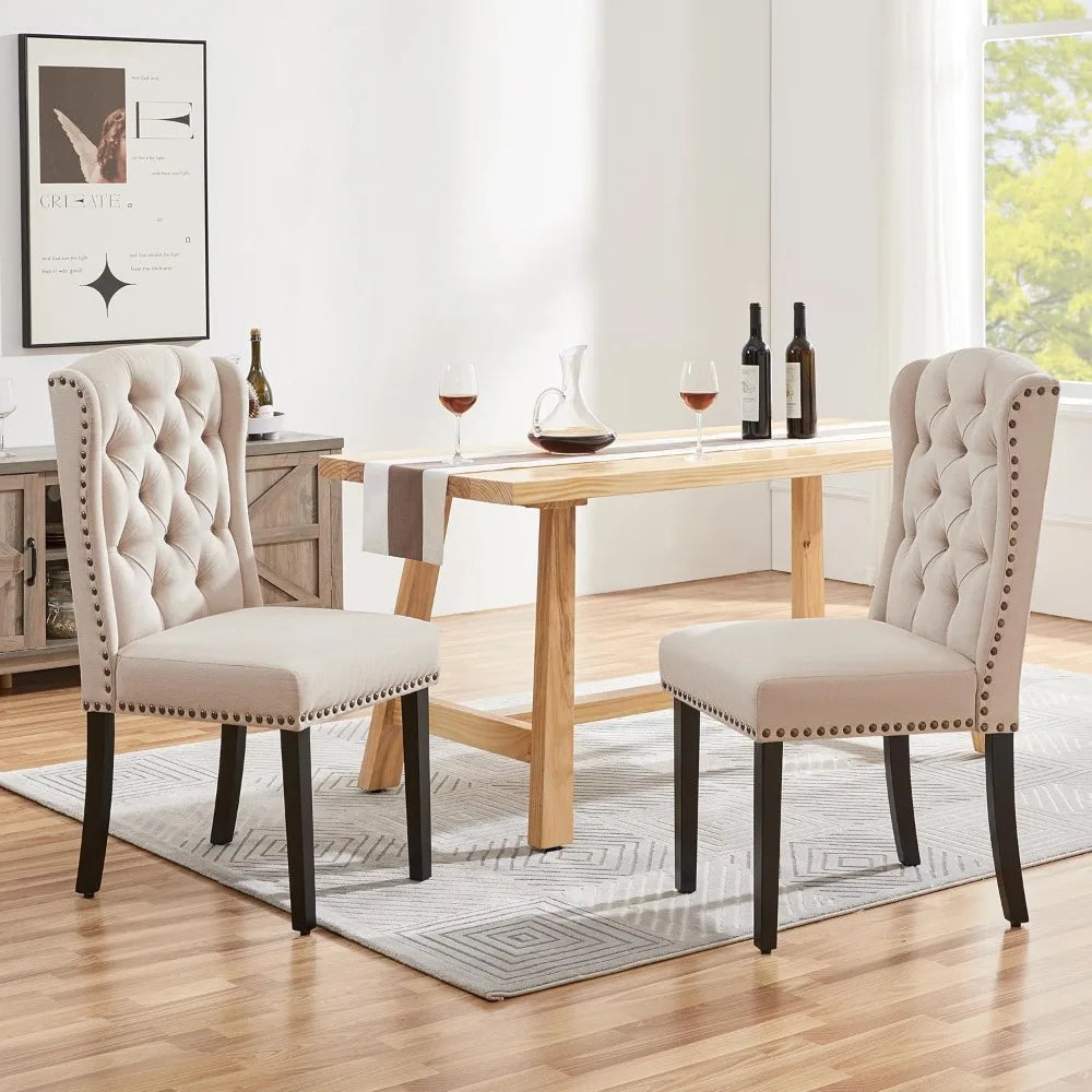 Upholstered Dining Chairs Set of 2 Button Tufted Kitchen Chairs with Solid Wood Legs and Nailhead Trims for Dining Room, Living
