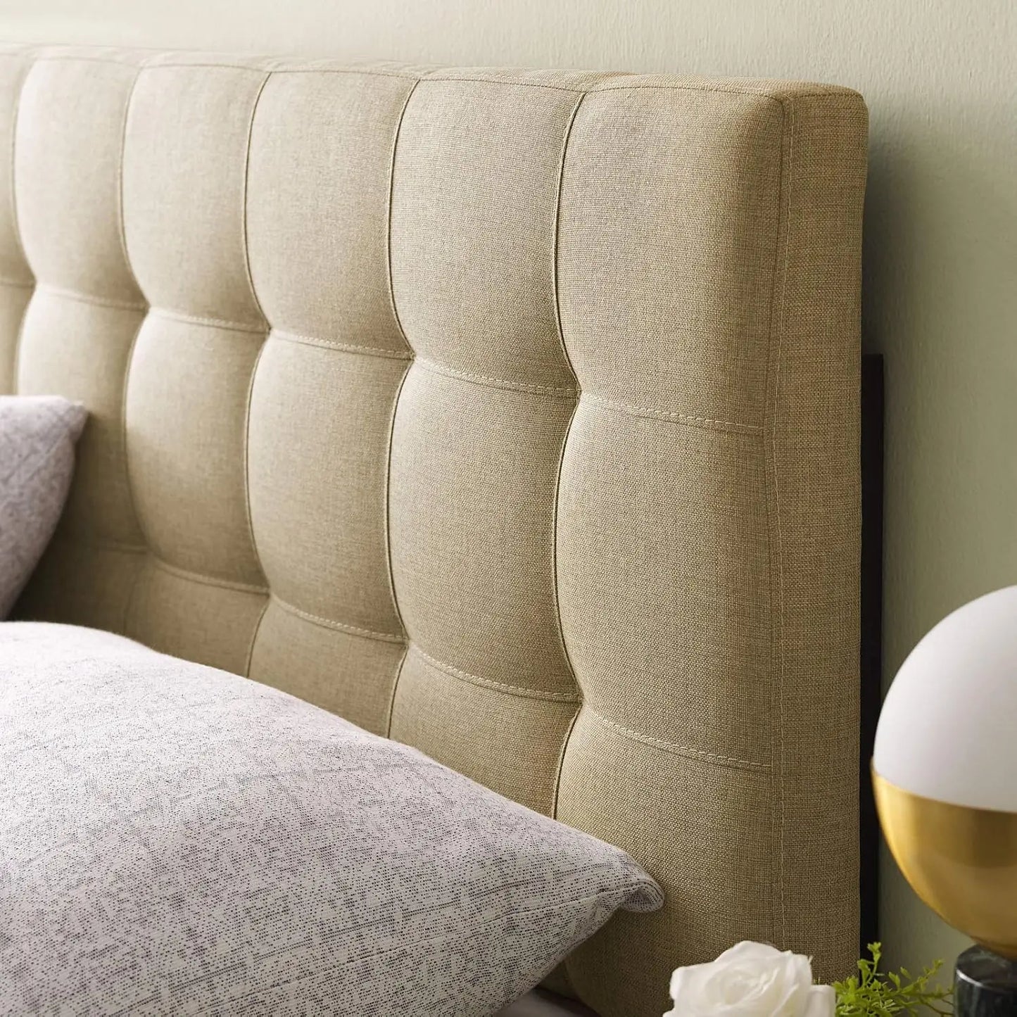 Linen Fabric Upholstered Full Headboard in Beige - Tufted Design for Bedroom Decor