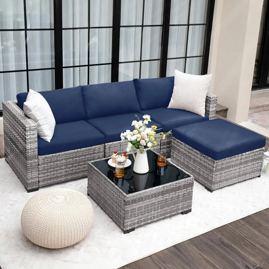 5 Piece Patio Furniture Set, All-Weather Wicker Outdoor Sectional Sofa, L Shaped Outdoor Conversation Couch with, Customized