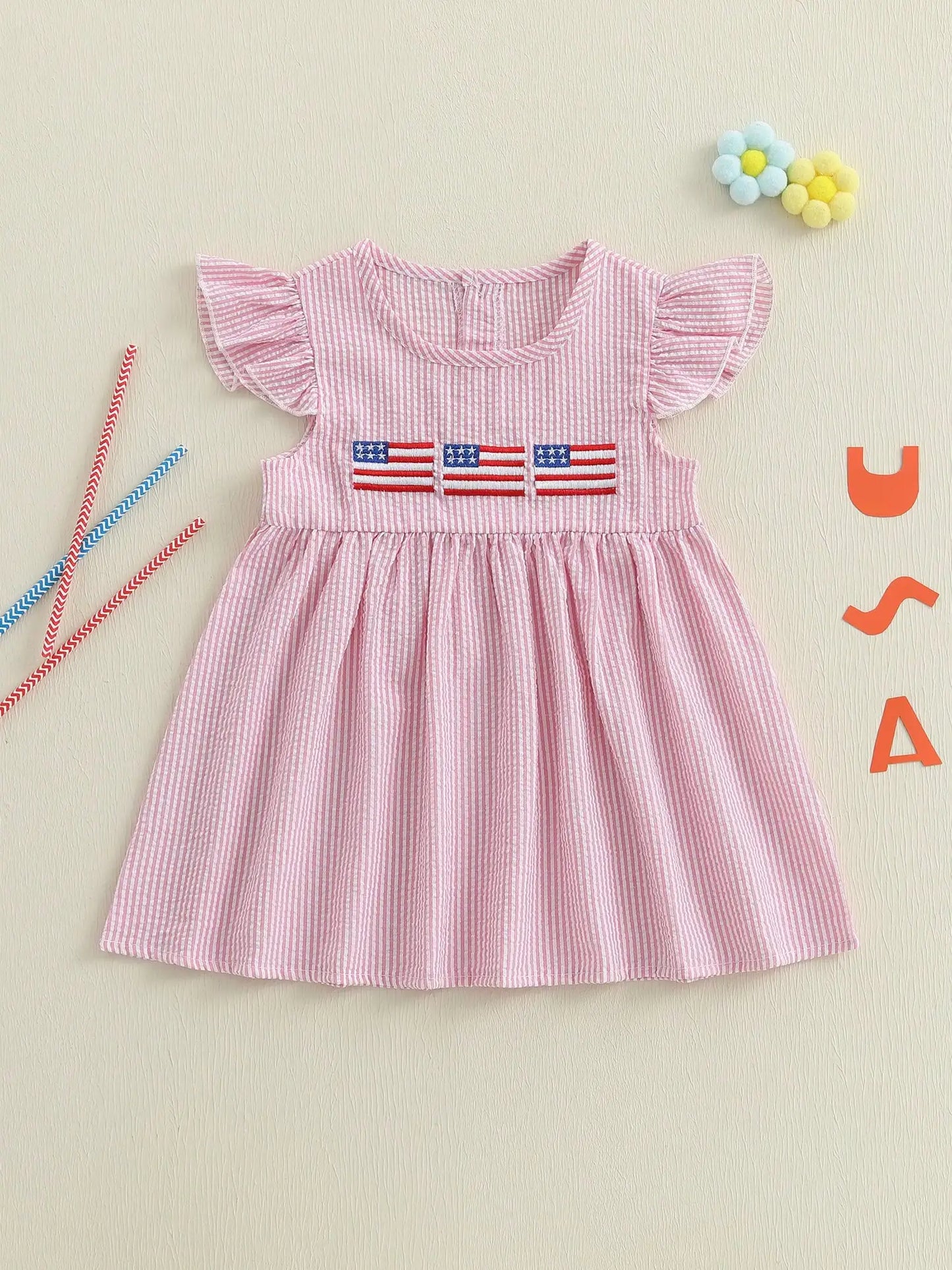 Fourth Of July Toddler Girl American Flag Smocked Dress