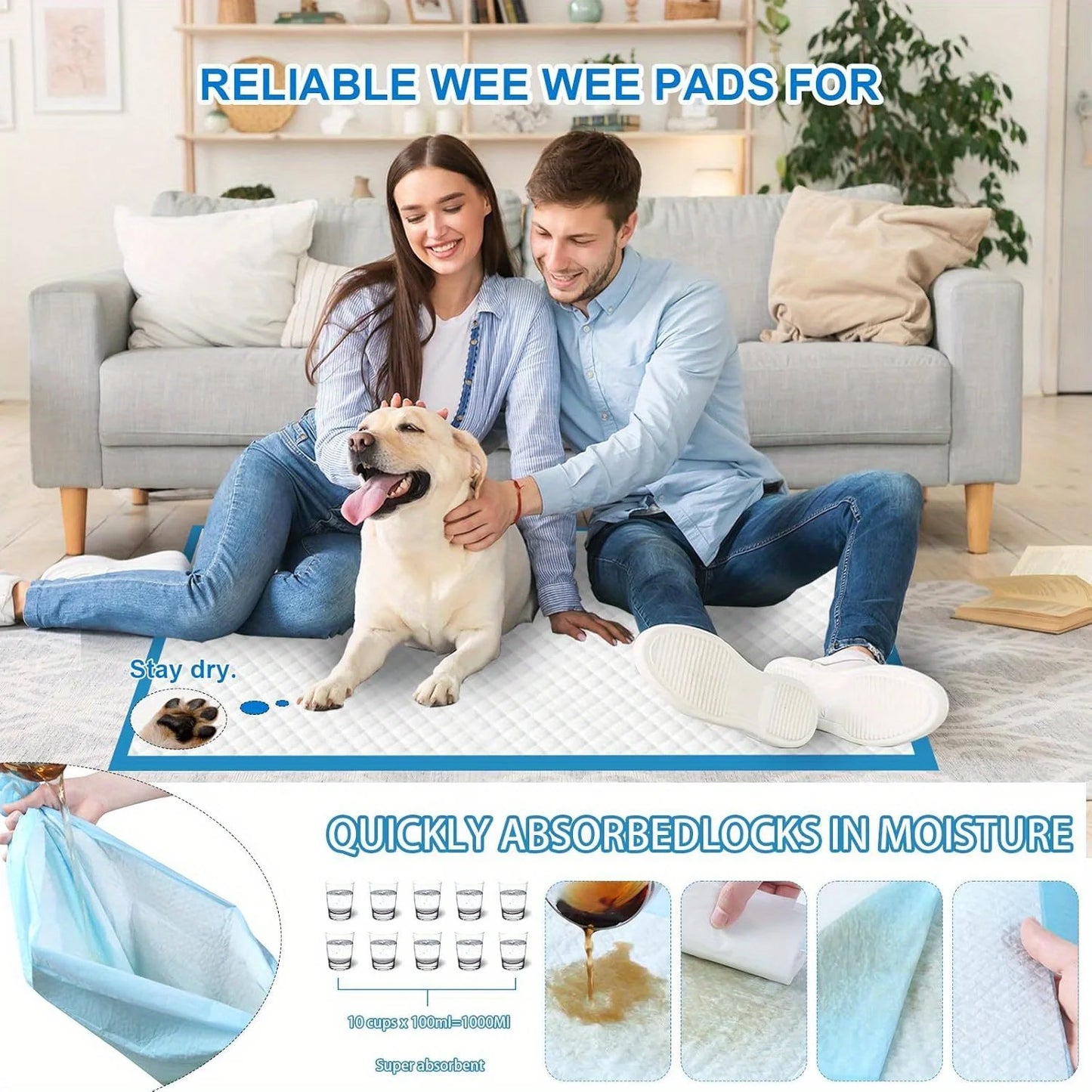 Puppy Pee Pads Leak-Proof Super Absorbent Disposable Potty Pads