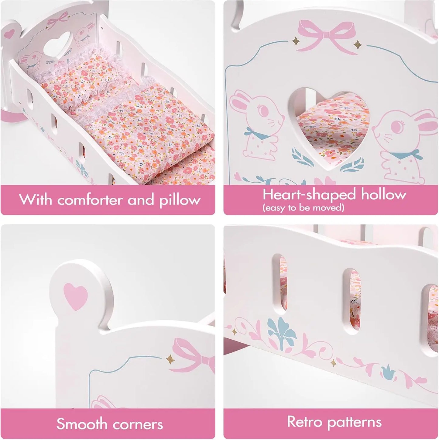 Wooden Doll Crib Bed For Dolls With Blanket And Pillow