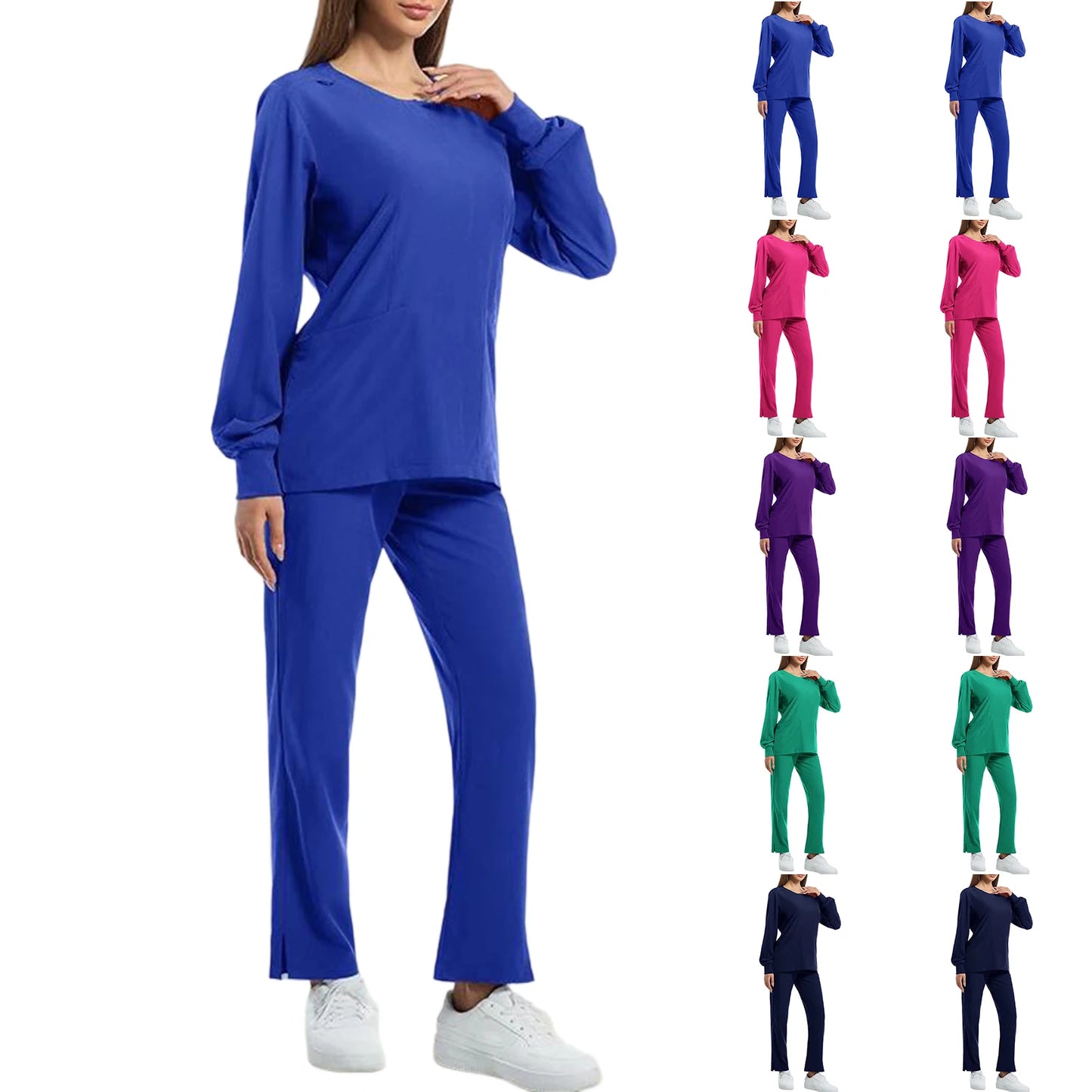 Women's Nurse Scrub Set Round Neck Long Sleeve With Pockets