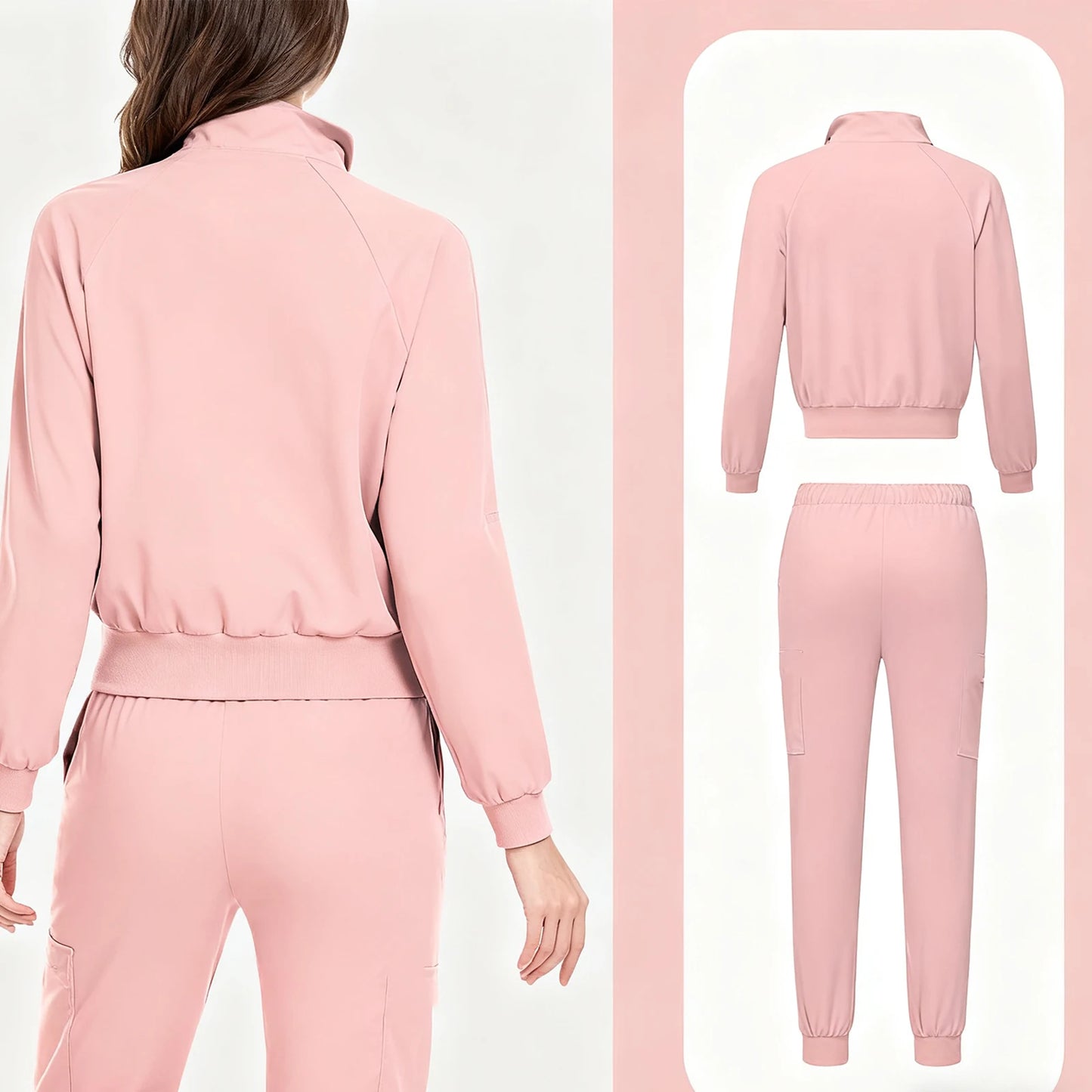 Women Nurse Scrub Set Stand Collar Zip Long Sleeve Uniform