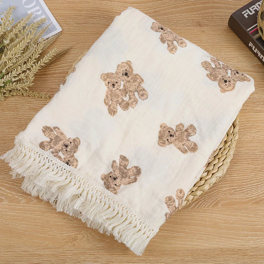Bear Print Muslin Cotton Baby Blanket For Newborn Swaddle