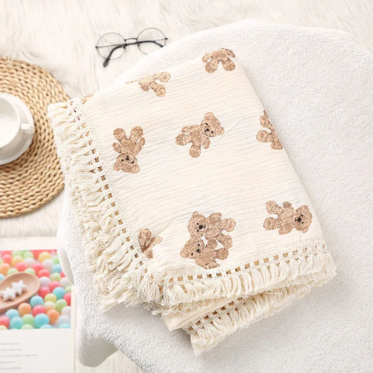Bear Print Muslin Cotton Baby Blanket For Newborn Swaddle