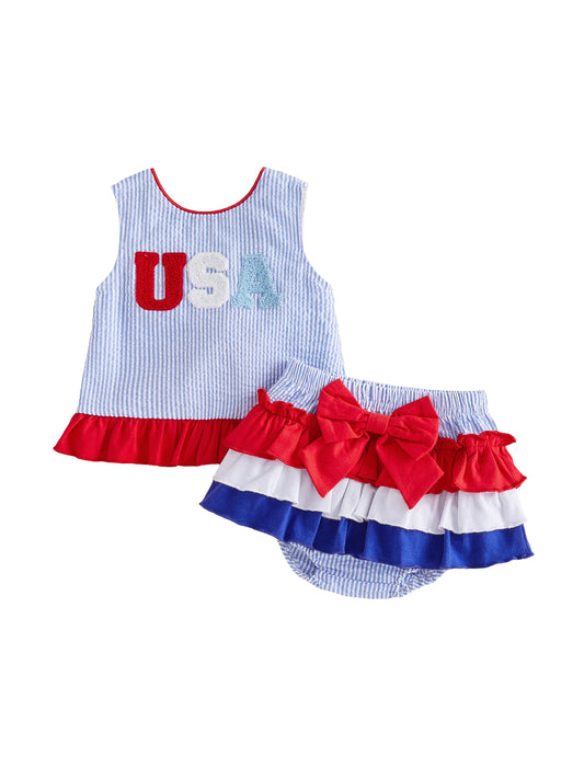 Independence Day Toddler Outfit Set With Stripe Top And Ruffle Skirt Shorts