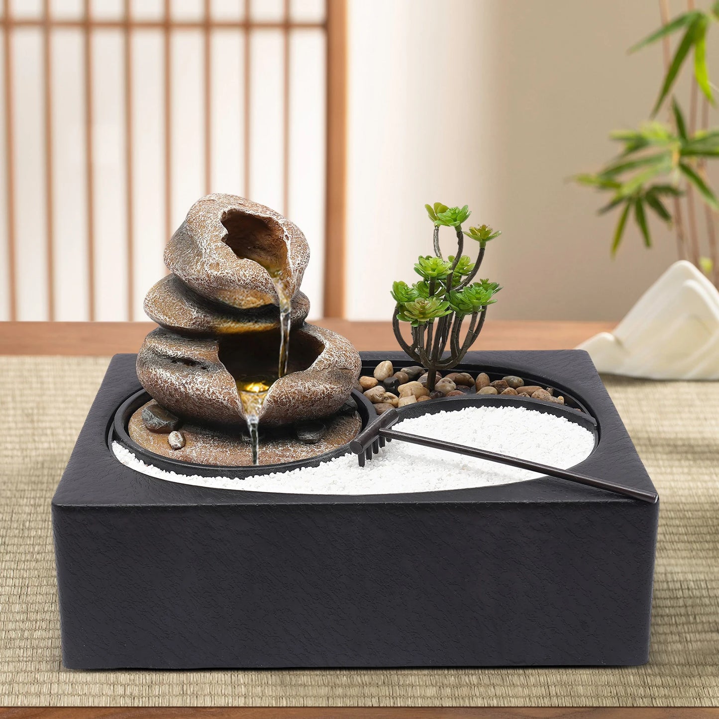 Bymaocar Tabletop Resin Rock Water Fountain With LED Light Indoor