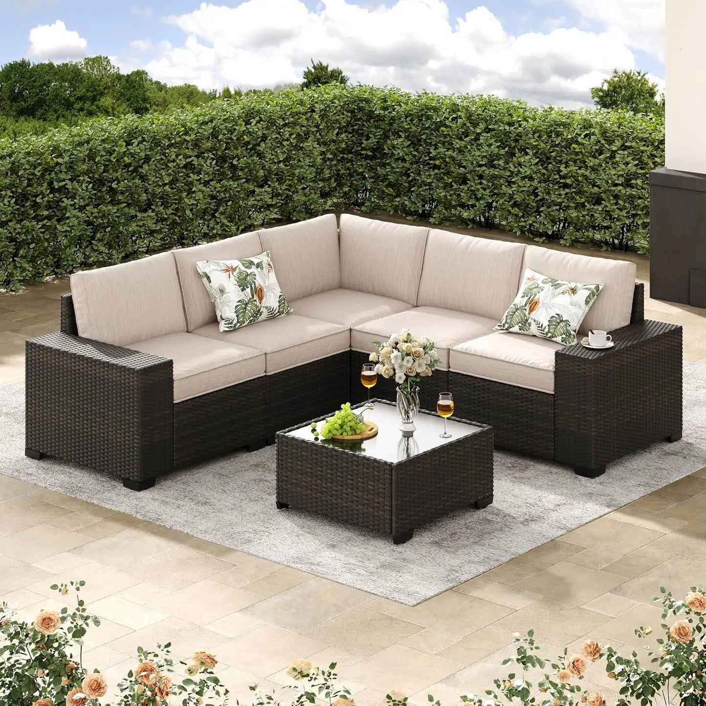 Patio Outdoor Wicker Sectional Sofa Set With Glass Table