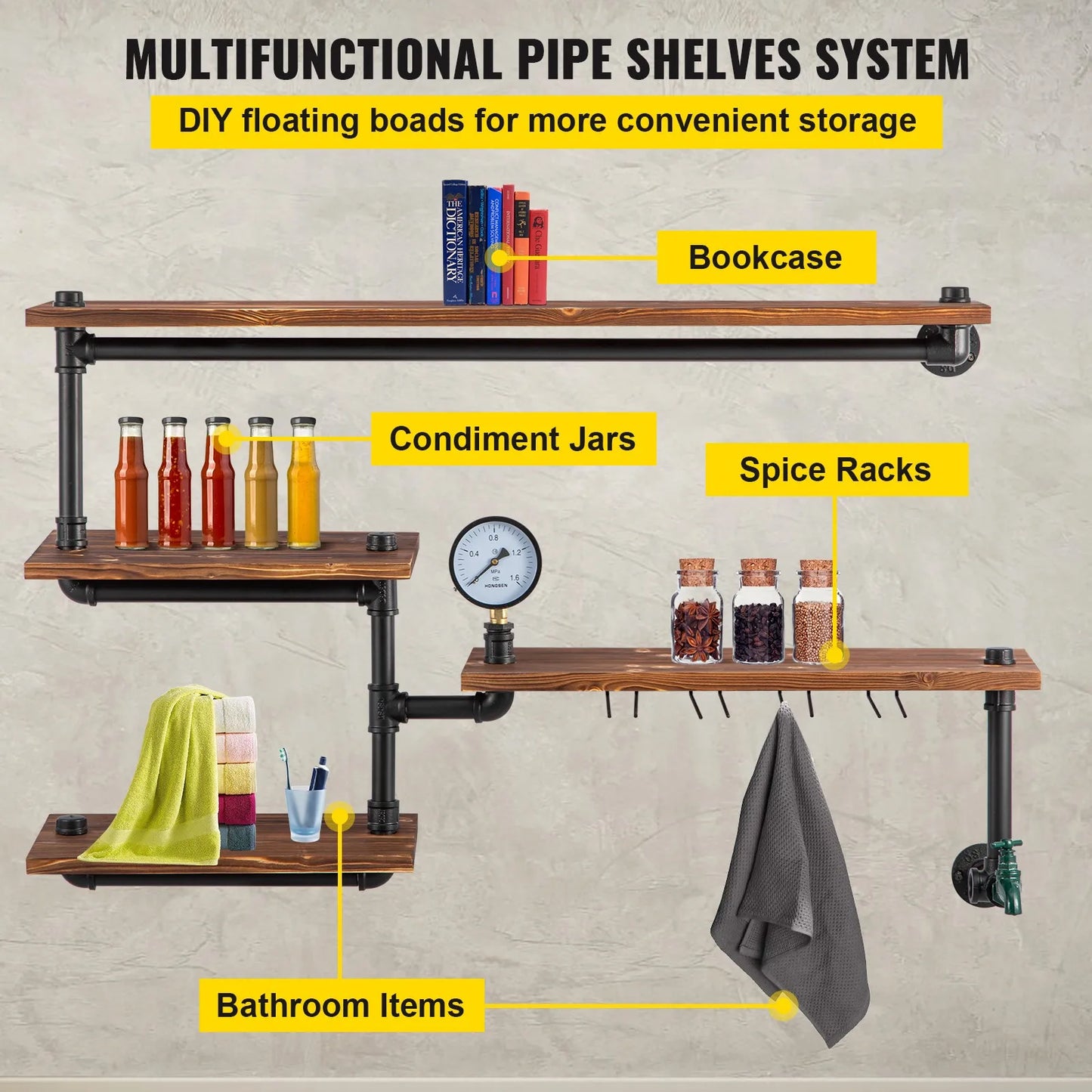 Industrial Pipe Shelves Wall Mount 4-Tier Rack with Wood Planks