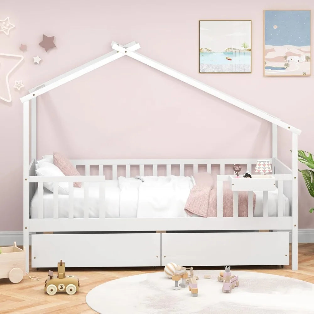 Kids Twin House Bed With Drawers And Wooden Frame