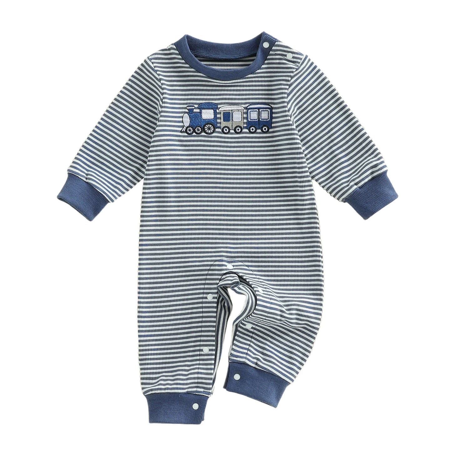 Toddler Striped Playsuit With Long Sleeves And Train Embroidery Romper