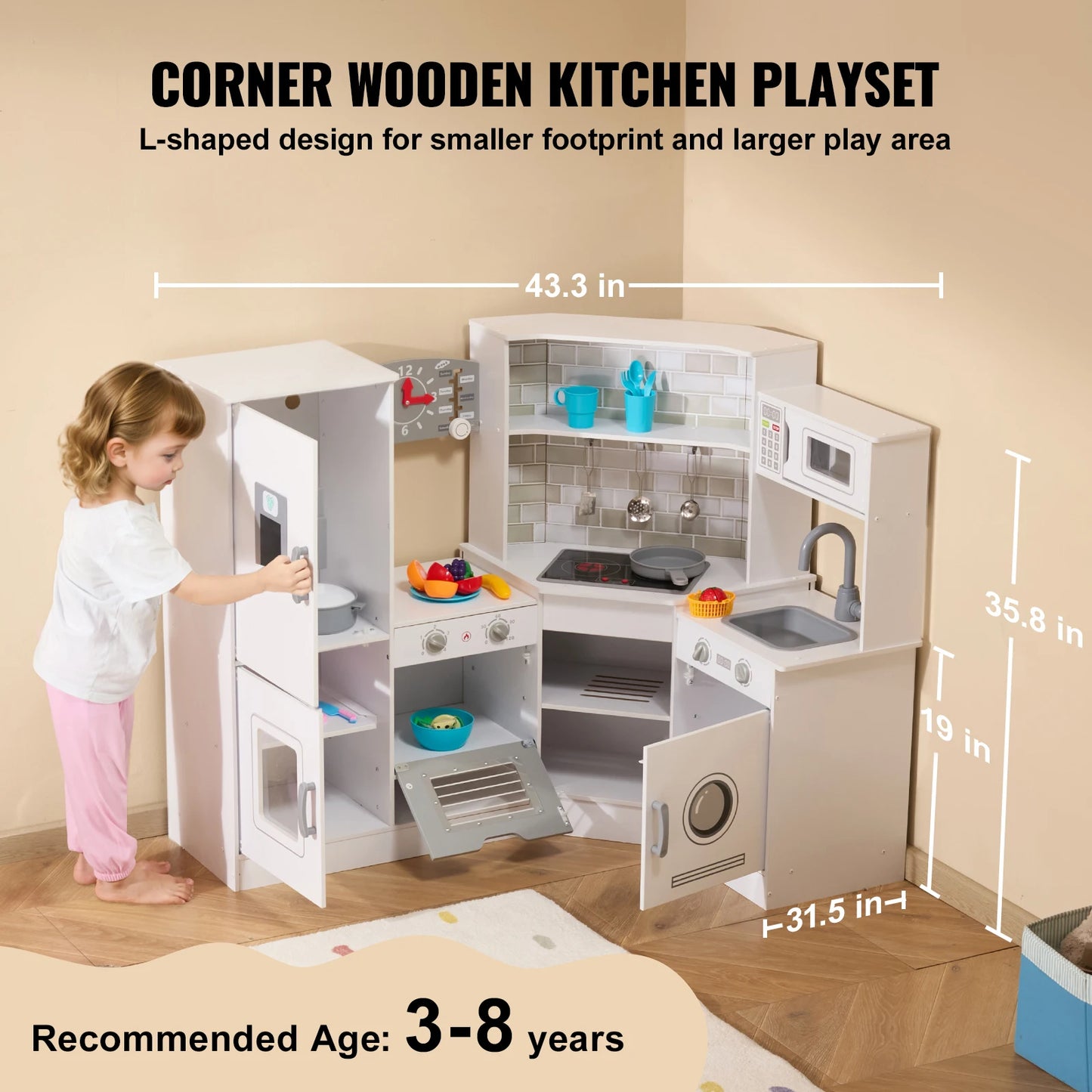 SucceBuy Corner Wooden Play Kitchen Set With Lights And Sounds