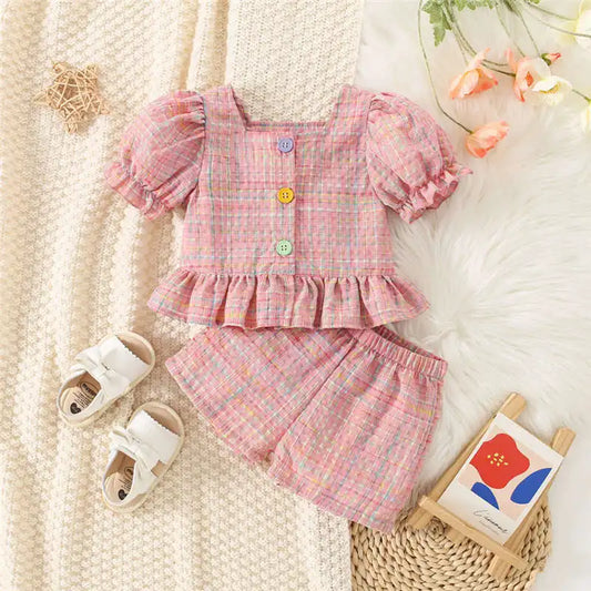 Girls Summer Cotton Plaid Bubble Sleeve Top And Shorts Set