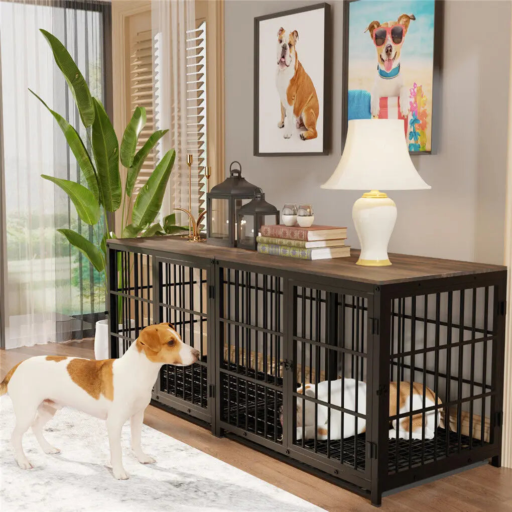 BINGOPAW Heavy Duty Metal Kennel End Table Crate Three Doors
