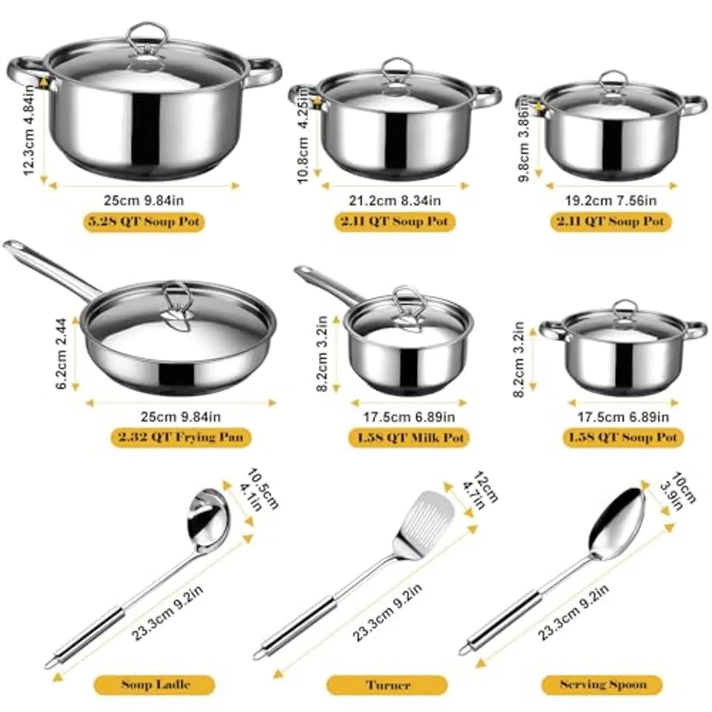 Stainless Steel 15-Piece Cookware Set With Lids And Utensils